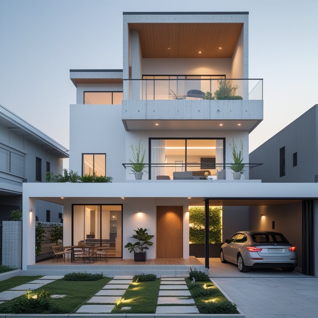 Desain rumah 3 lantai dengan tampilan 2 lantai dari depan, gaya minimalis modern.