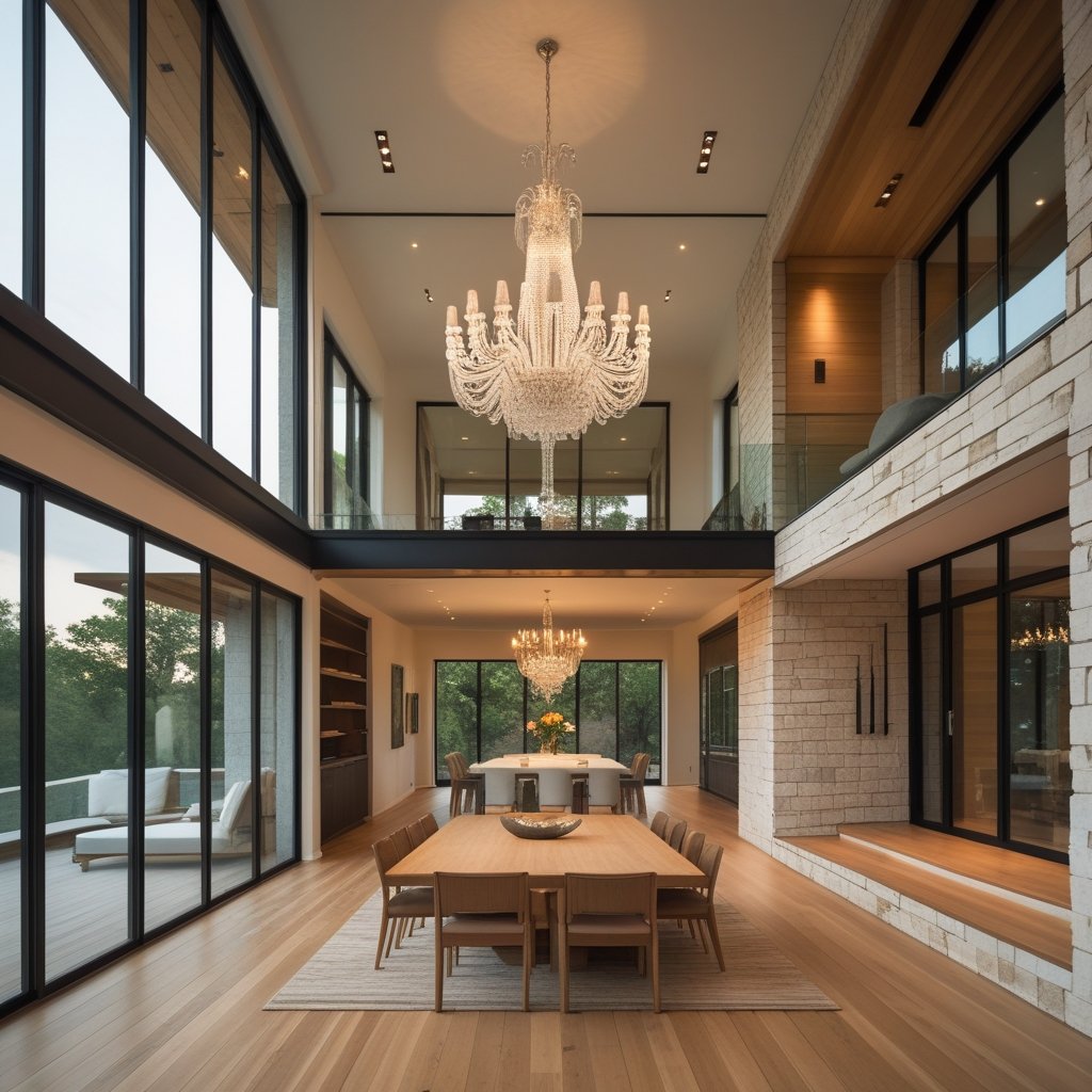 Desain rumah dengan plafon tinggi, memberikan kesan luas, pencahayaan alami, dan sirkulasi udara yang baik.