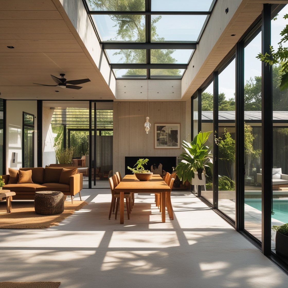 esain rumah modern dengan pencahayaan alami, jendela besar, dan ventilasi optimal