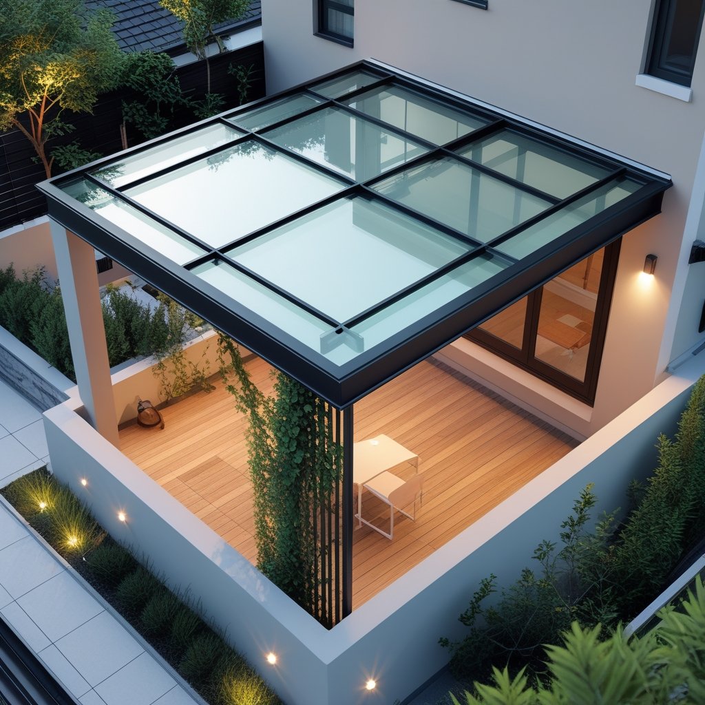 Desain atap teras rumah minimalis modern dengan material baja ringan, kaca, dan kayu untuk tampilan elegan dan fungsional.