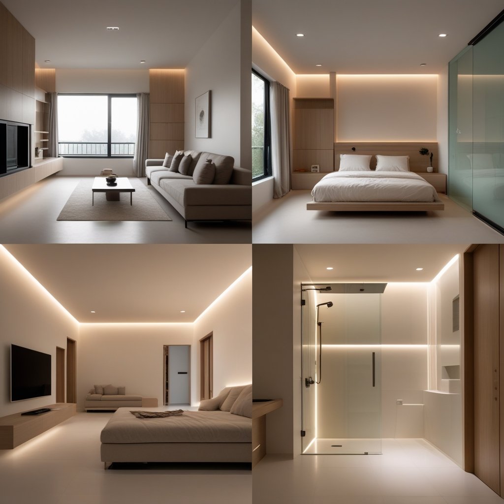 Desain dalam rumah minimalis modern dengan konsep terbuka, pencahayaan alami, dan furnitur fungsional.