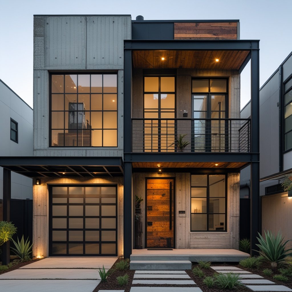 Desain fasad rumah industrial dengan material ekspos, kombinasi beton, besi, dan kayu untuk tampilan modern