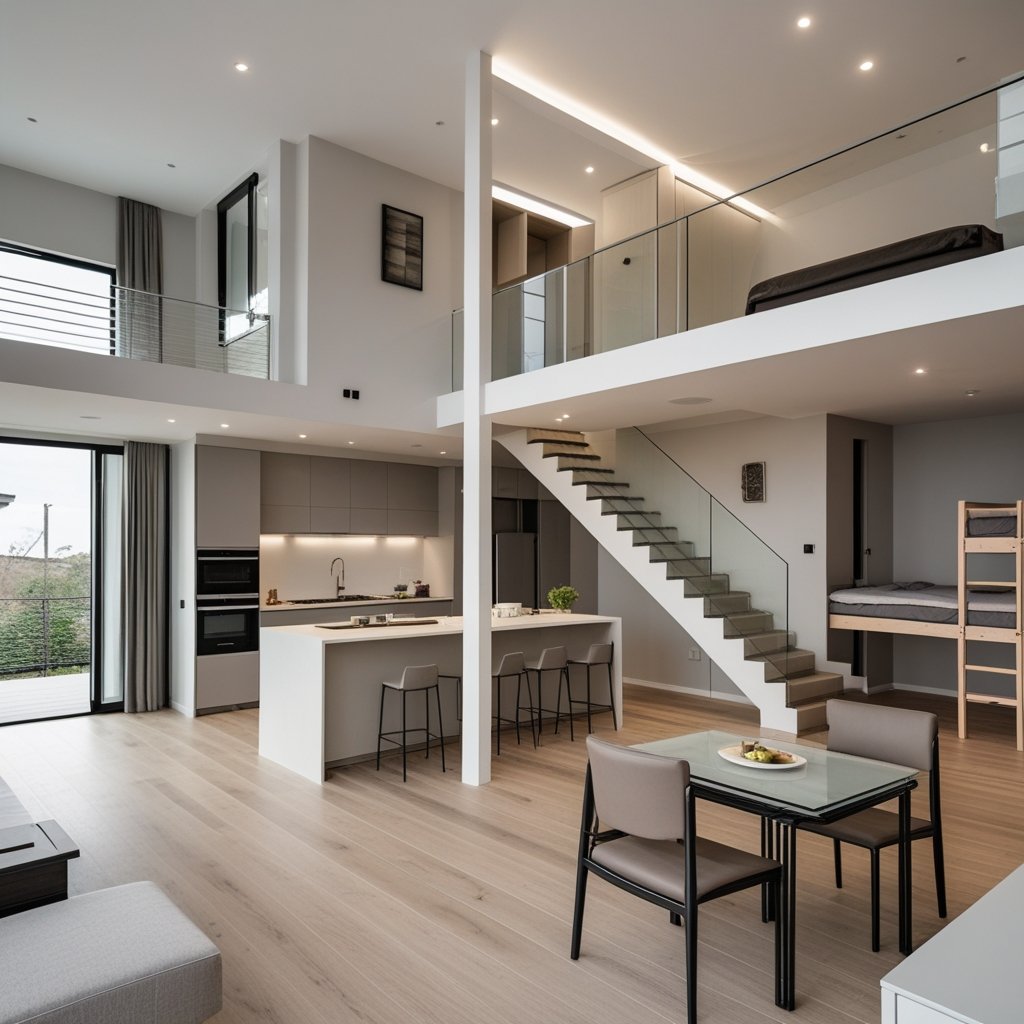 Desain interior ruangan rumah minimalis 2 lantai dengan konsep modern, pencahayaan alami, dan tata ruang fungsional.