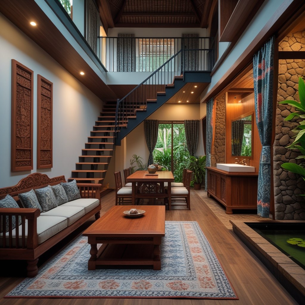 Desain interior rumah klasik Jawa modern dengan sentuhan kayu, ukiran tradisional, dan nuansa elegan