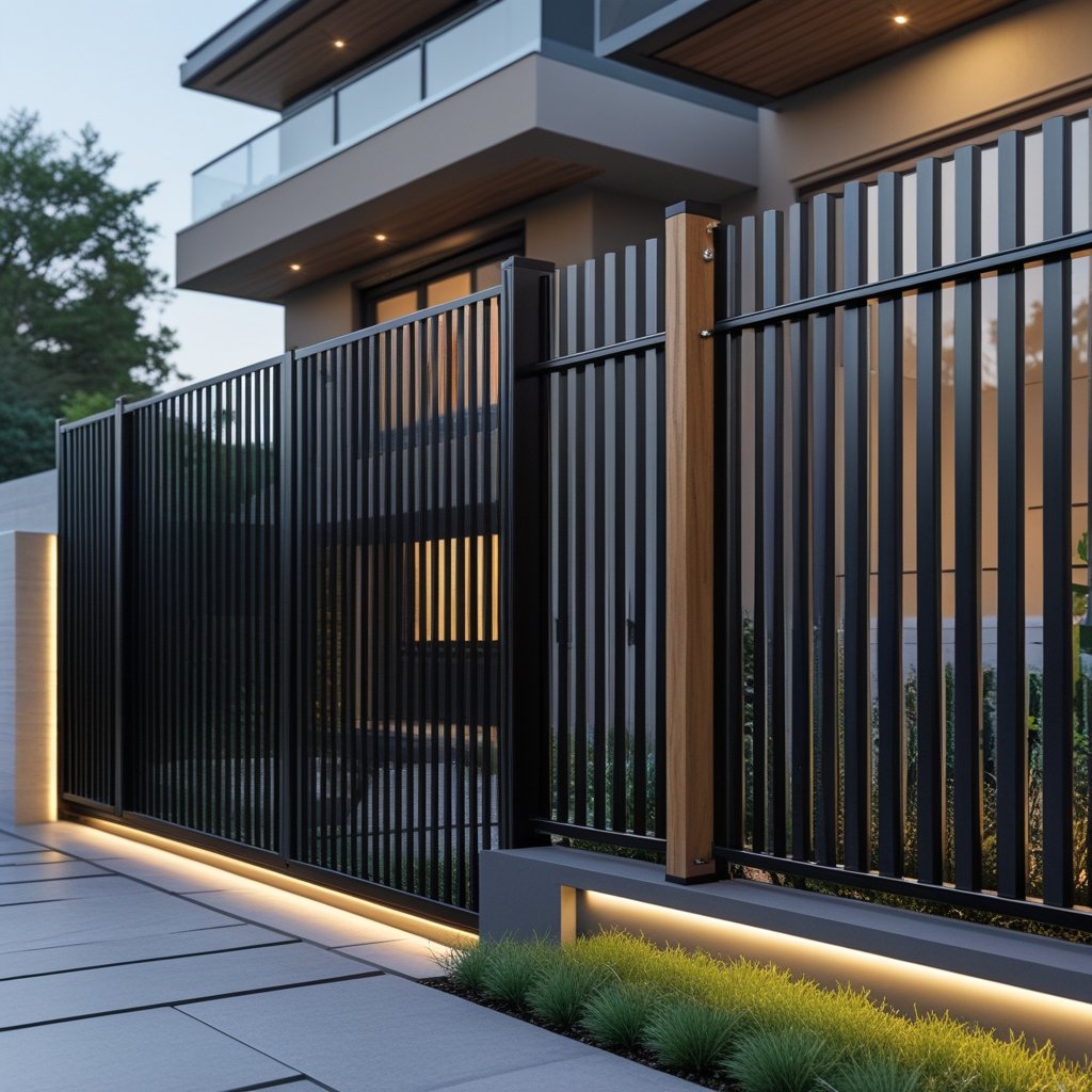 Desain pagar rumah minimalis modern dengan kombinasi besi dan kayu, tampilan elegan dan fungsional