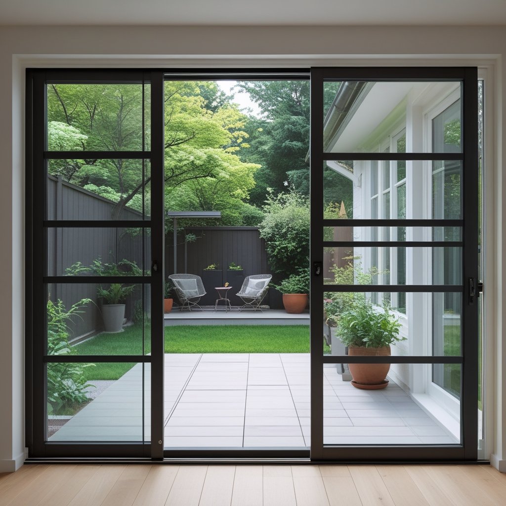 Desain pintu kaca belakang rumah minimalis, memberikan pencahayaan alami dan tampilan modern.