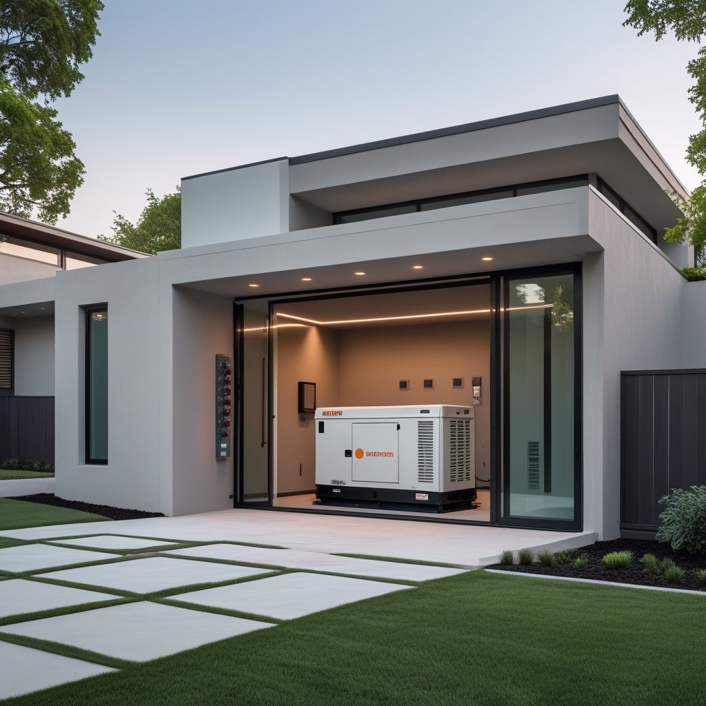 Desain rumah genset dengan ventilasi optimal, peredam suara, dan keamanan maksimal untuk mendukung suplai listrik cadangan.