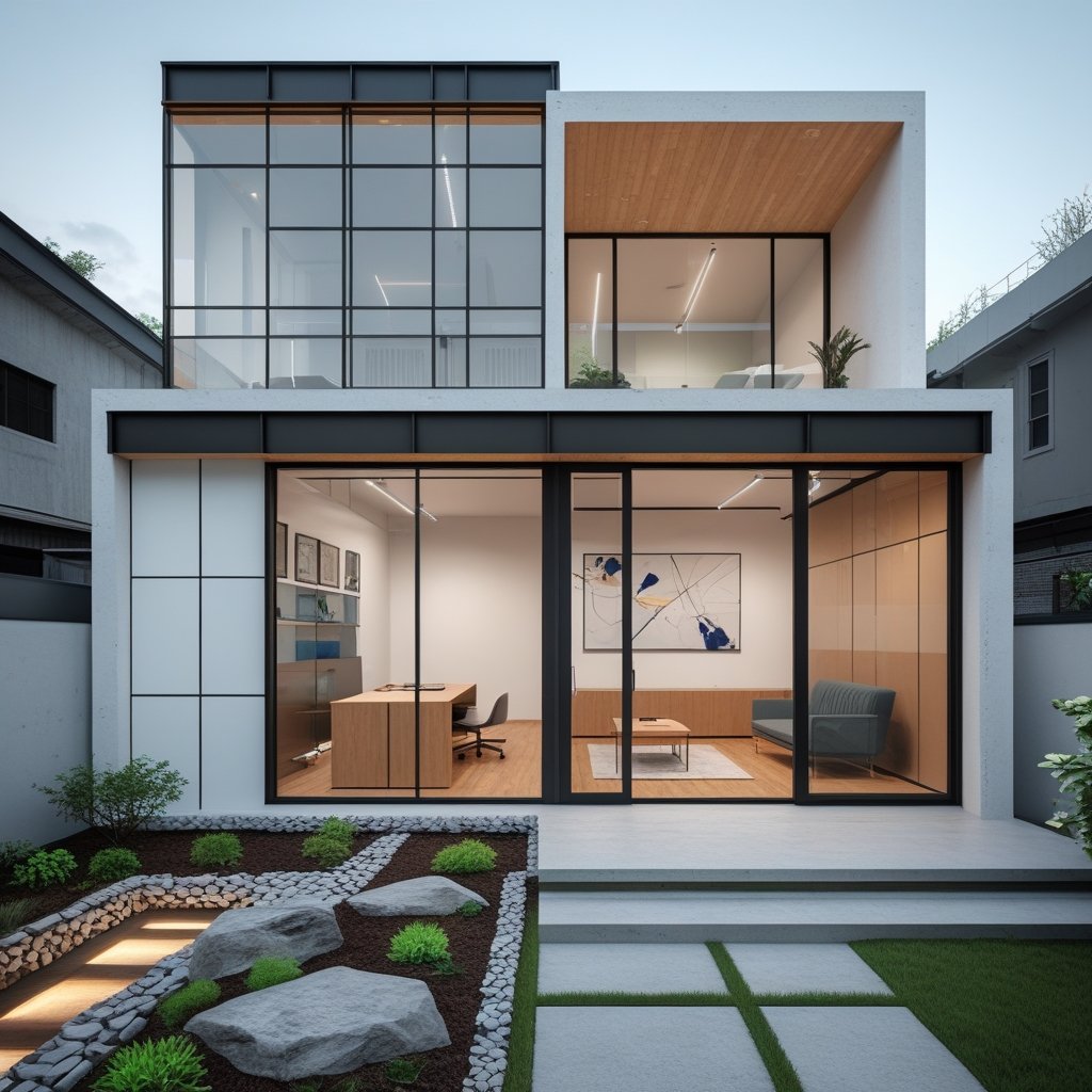 Desain rumah kantor 2 lantai modern minimalis dengan fasad elegan dan ruang kerja nyaman