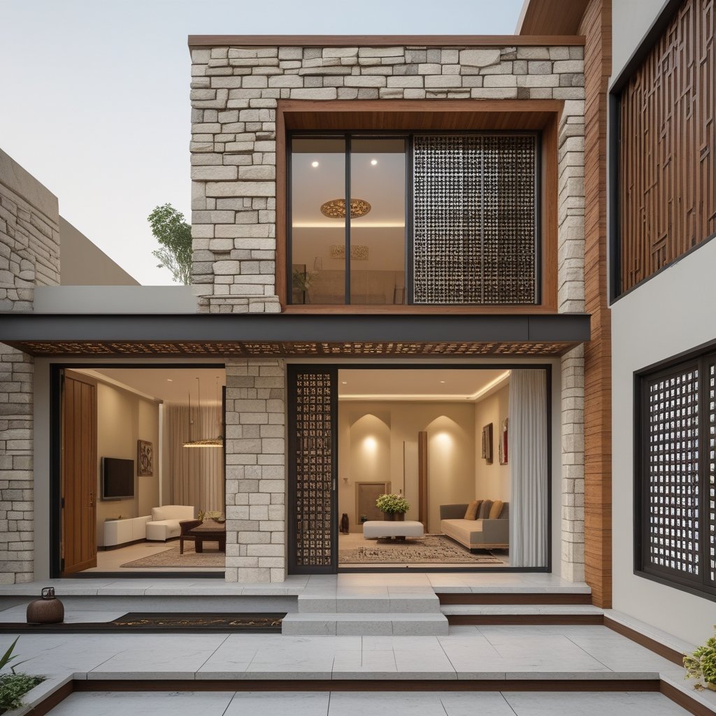 Desain rumah menurut Islam dengan tata letak yang sesuai syariat, pencahayaan alami, dan ruang ibadah