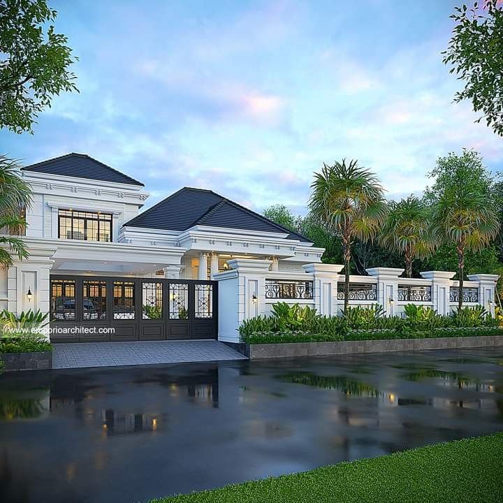 Desain rumah mewah dan megah dengan fasad elegan serta pencahayaan eksklusif