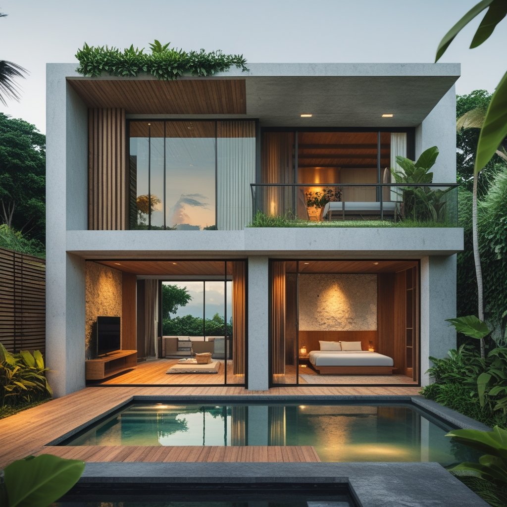 Desain tampak depan rumah 2 lantai dengan gaya modern minimalis, fasad elegan, dan pencahayaan alami.