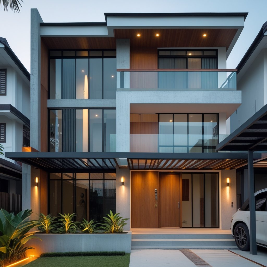 Desain tampak depan rumah 2 lantai dengan gaya modern minimalis, fasad elegan, dan pencahayaan alami