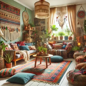 interior gaya Bohemian dengan dekorasi yang berwarna-warni, pola artistik, dan suasana yang santai serta penuh kepribadian.