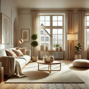 interior gaya Skandinavia dengan desain minimalis, pencahayaan alami, dan elemen dekorasi yang hangat serta fungsional