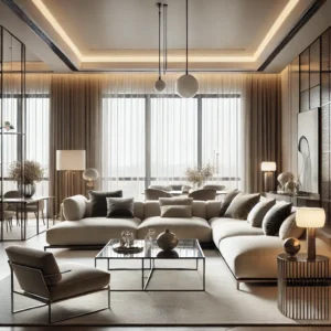 interior gaya kontemporer dengan desain elegan, palet warna netral, dan furnitur modern yang menciptakan suasana mewah dan nyaman.