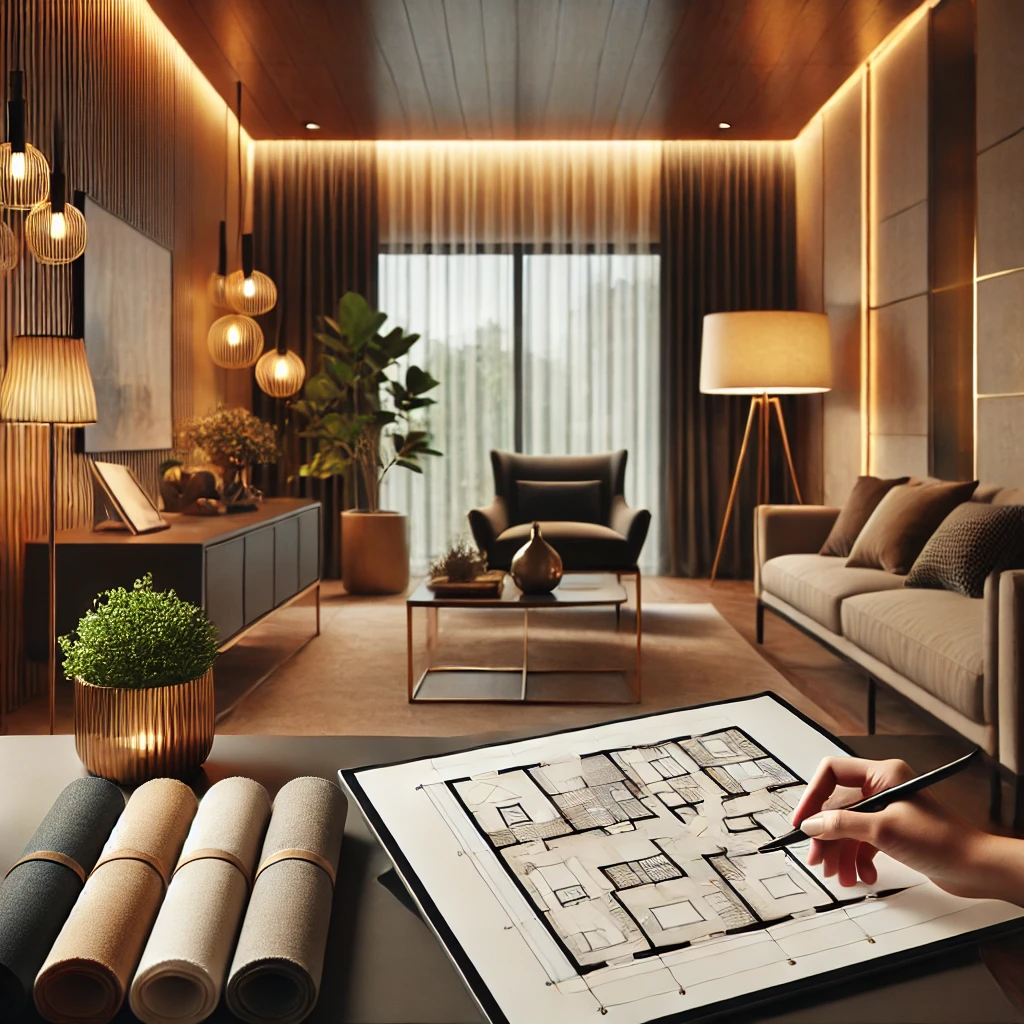 Konsep desain interior modern untuk ruang tamu dengan furnitur minimalis, pencahayaan hangat, dan dekorasi elegan. Seorang desainer terlihat membuat sketsa denah di tablet, dengan sampel kain dan warna di meja