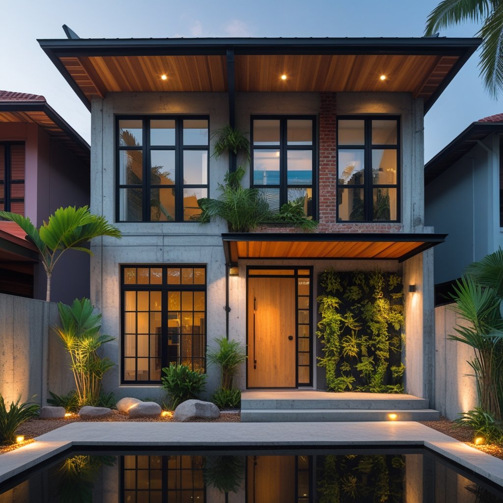 Tampak depan rumah industrial 1 lantai dengan kombinasi kayu, besi, dan kaca.