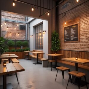 Susunan meja dan kursi di rumah makan sederhana dengan desain ergonomis dan fungsional.