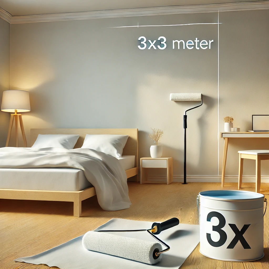 Kamar ukuran 3x3 meter dengan dinding yang baru dicat, dilengkapi ember cat dan roller di lantai. Ruangan memiliki desain minimalis dengan tempat tidur dan meja kecil, serta pencahayaan yang terang dan bersih.