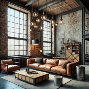 interior gaya industri dengan dinding bata ekspos, furnitur logam dan kayu, serta pencahayaan bergaya urban yang khas