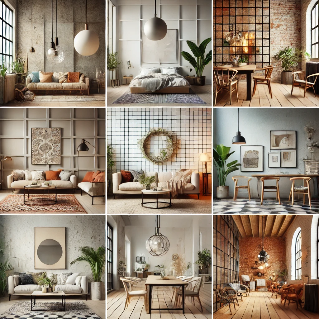 Kolase tujuh gaya interior rumah, termasuk minimalis dengan warna netral, modern dengan aksen berani, industrial dengan bata ekspos, Skandinavia dengan tekstur hangat, klasik dengan dekorasi elegan, bohemian dengan pola eklektik, dan rustic dengan elemen kayu alami