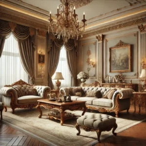 interior gaya klasik dengan desain elegan, furnitur mewah, dan dekorasi bernuansa timeless yang menciptakan suasana megah dan nyaman