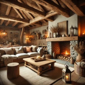 interior gaya rustik dengan elemen kayu alami, perapian batu, dan dekorasi bernuansa hangat yang menciptakan suasana nyaman dan menawan.