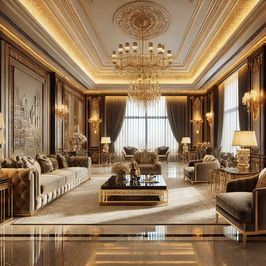 interior mewah dengan desain ruang tamu yang elegan. Ruangan ini memiliki furnitur premium, lampu gantung mewah, lantai marmer, dan jendela besar dari lantai ke langit-langit. Sentuhan emas dan tekstur mewah seperti sofa beludru menambah kesan eksklusif