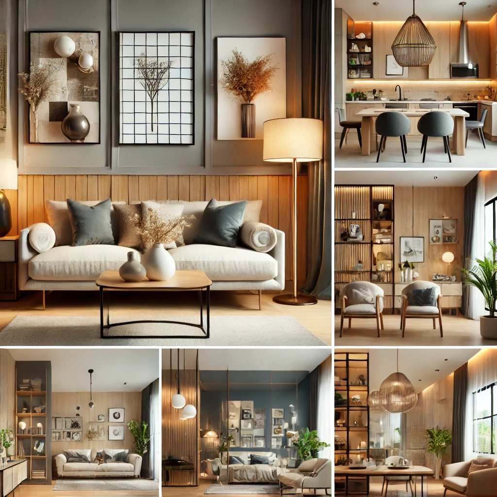 Interior rumah modern dan stylish dengan ruang tamu luas, sofa nyaman, pencahayaan elegan, dekorasi dinding artistik, dan area makan yang tertata rapi, mencerminkan perpaduan gaya minimalis, kontemporer, dan klasik