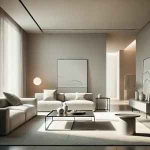 interior rumah minimalis dengan desain modern, warna netral, dan dekorasi sederhana yang elegan.