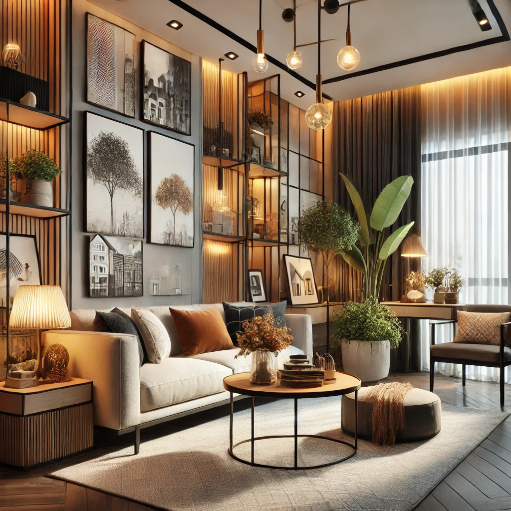 Interior rumah modern dengan desain elegan, menampilkan sofa nyaman, meja kopi, pencahayaan hangat, serta dekorasi seperti tanaman dan lukisan untuk menciptakan suasana yang cozy dan estetis