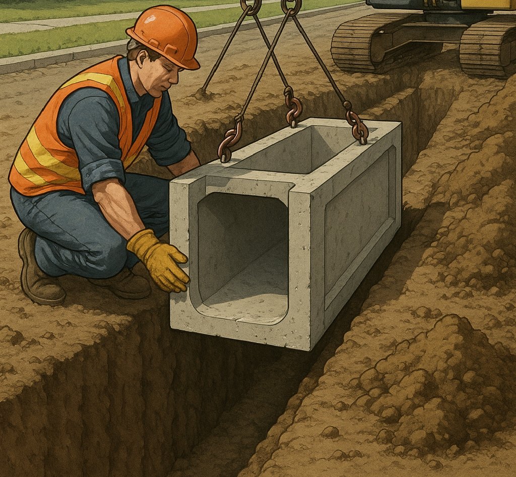 Ilustrasi kartun seorang pekerja sedang memperbaiki sistem drainase dengan menggunakan alat-alat kerja di area konstruksi