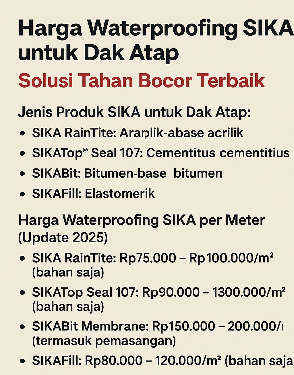 Harga Waterproofing SIKA untuk Dak Atap
