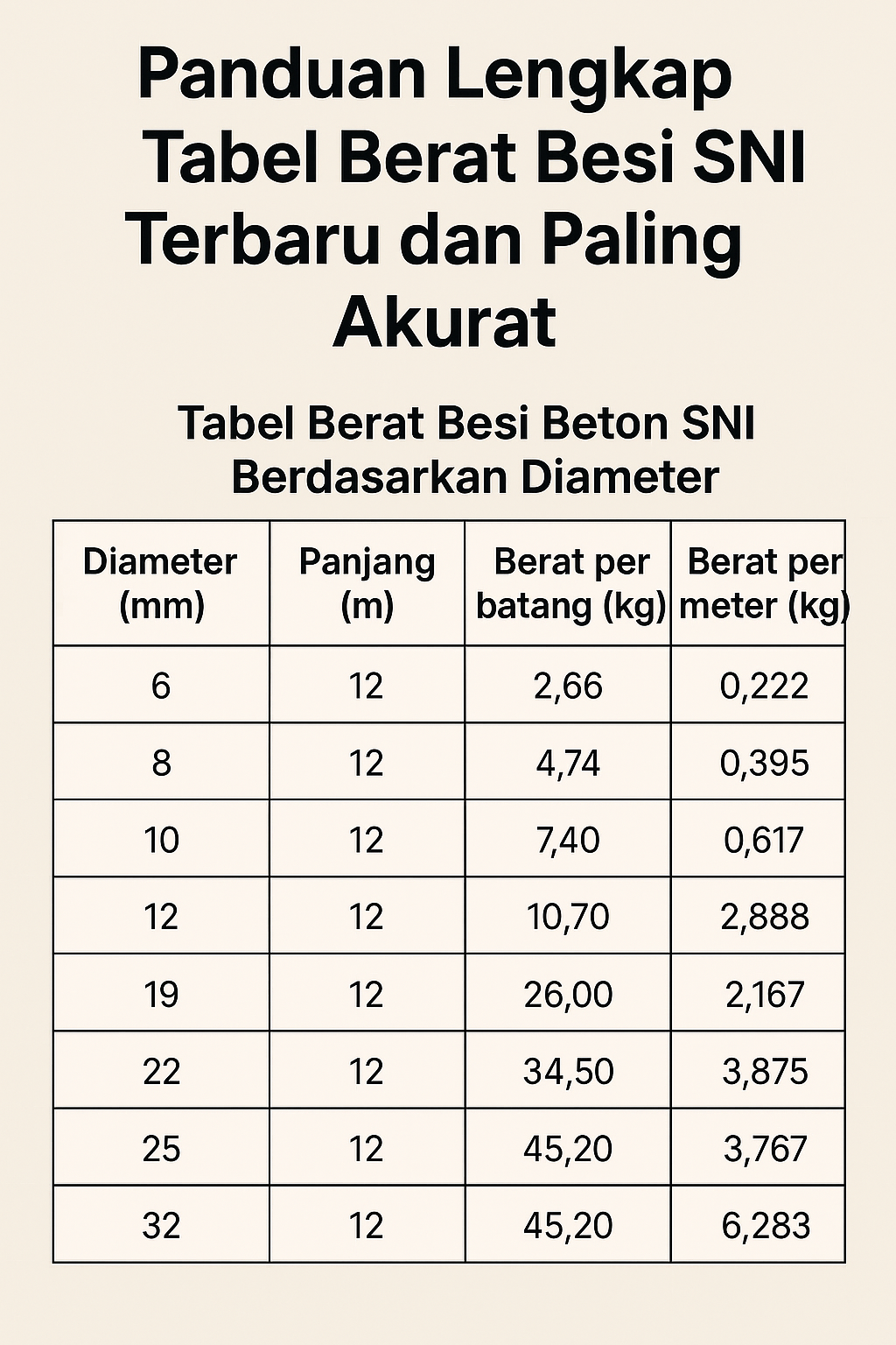 Tabel Berat Besi Beton SNI
