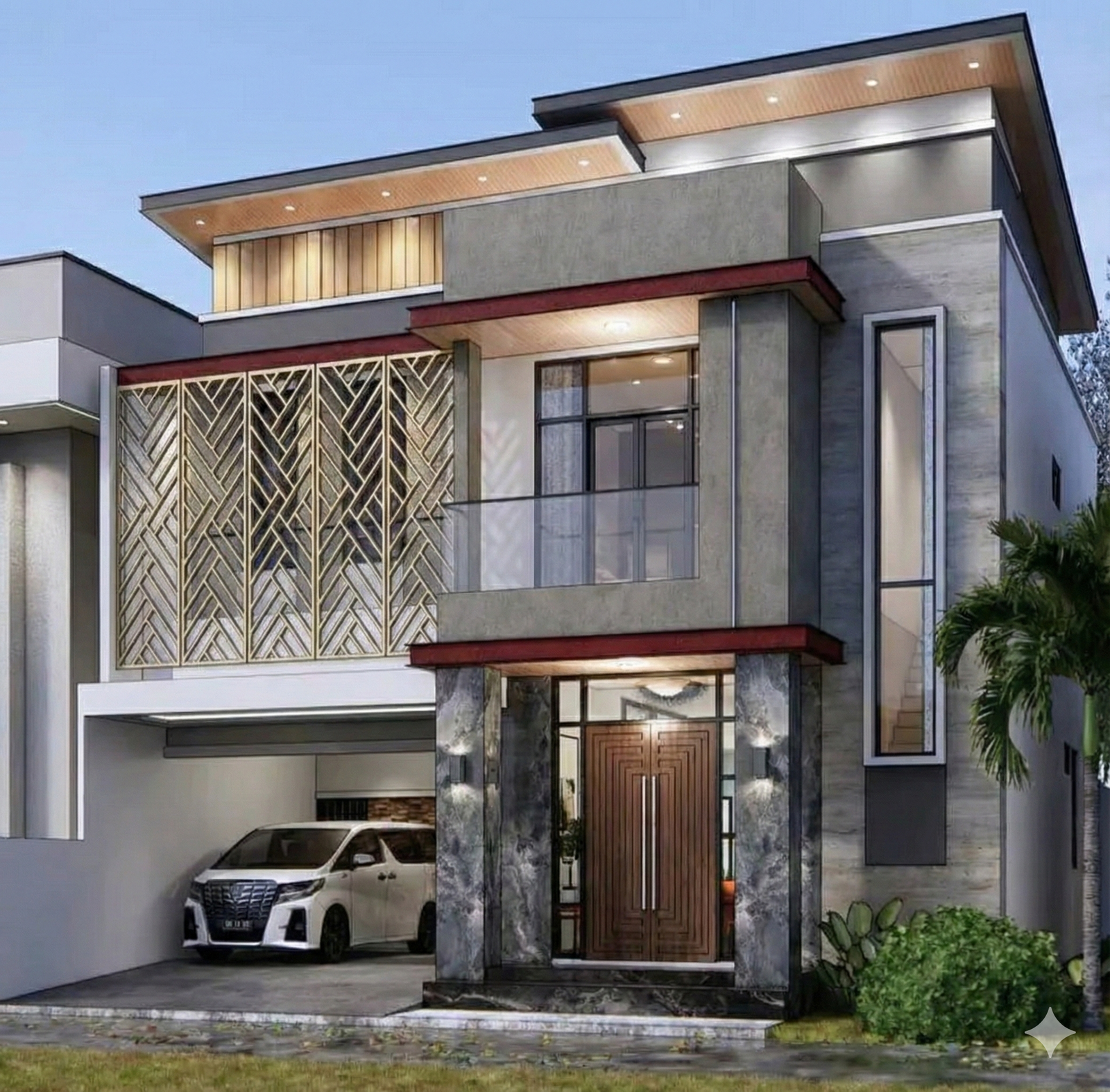 Desain rumah mewah 2 lantai terlihat dari sisi kanan