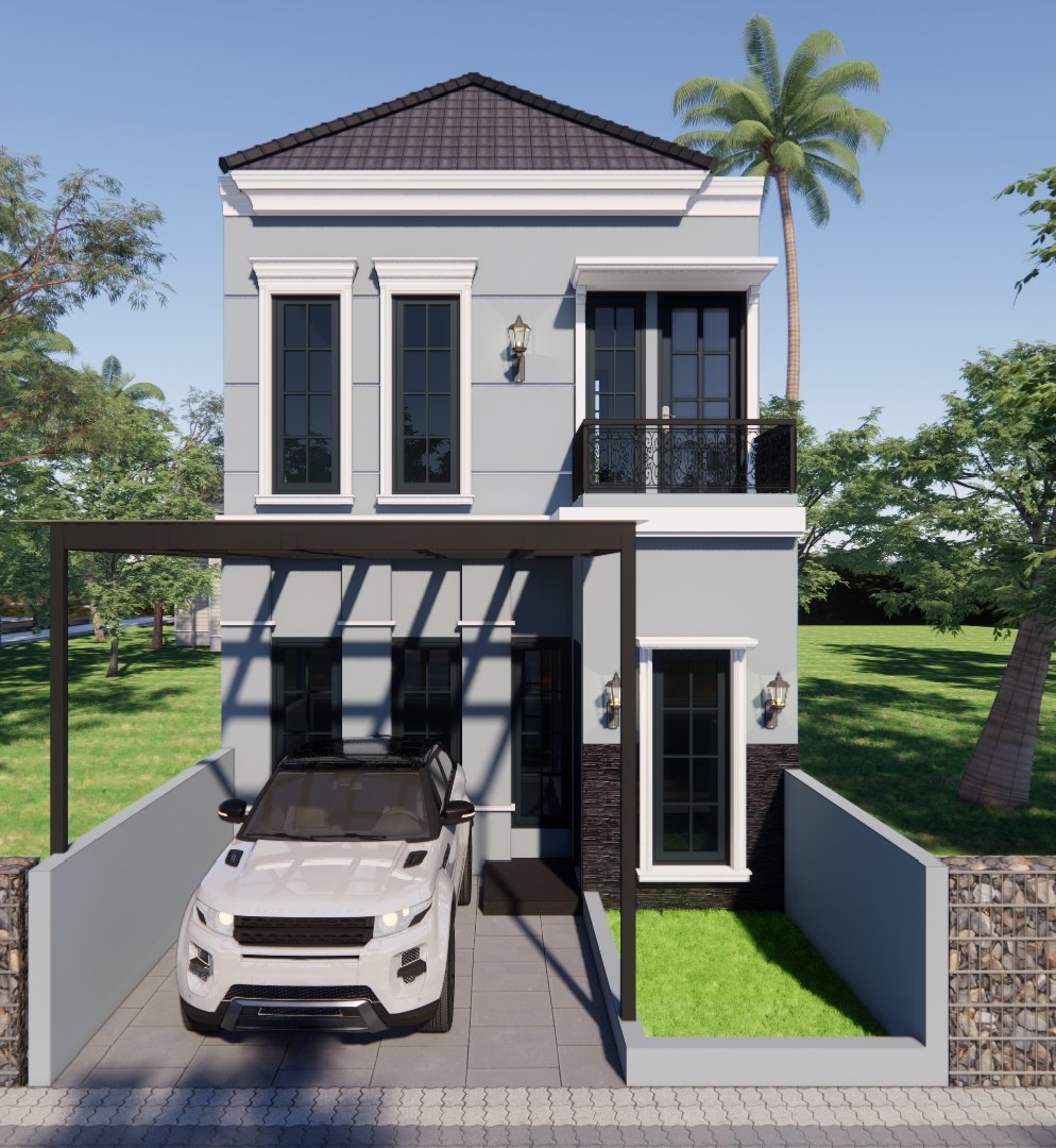 Desain Rumah Klasik Modern 2 Lantai dengan Carport Elegan
