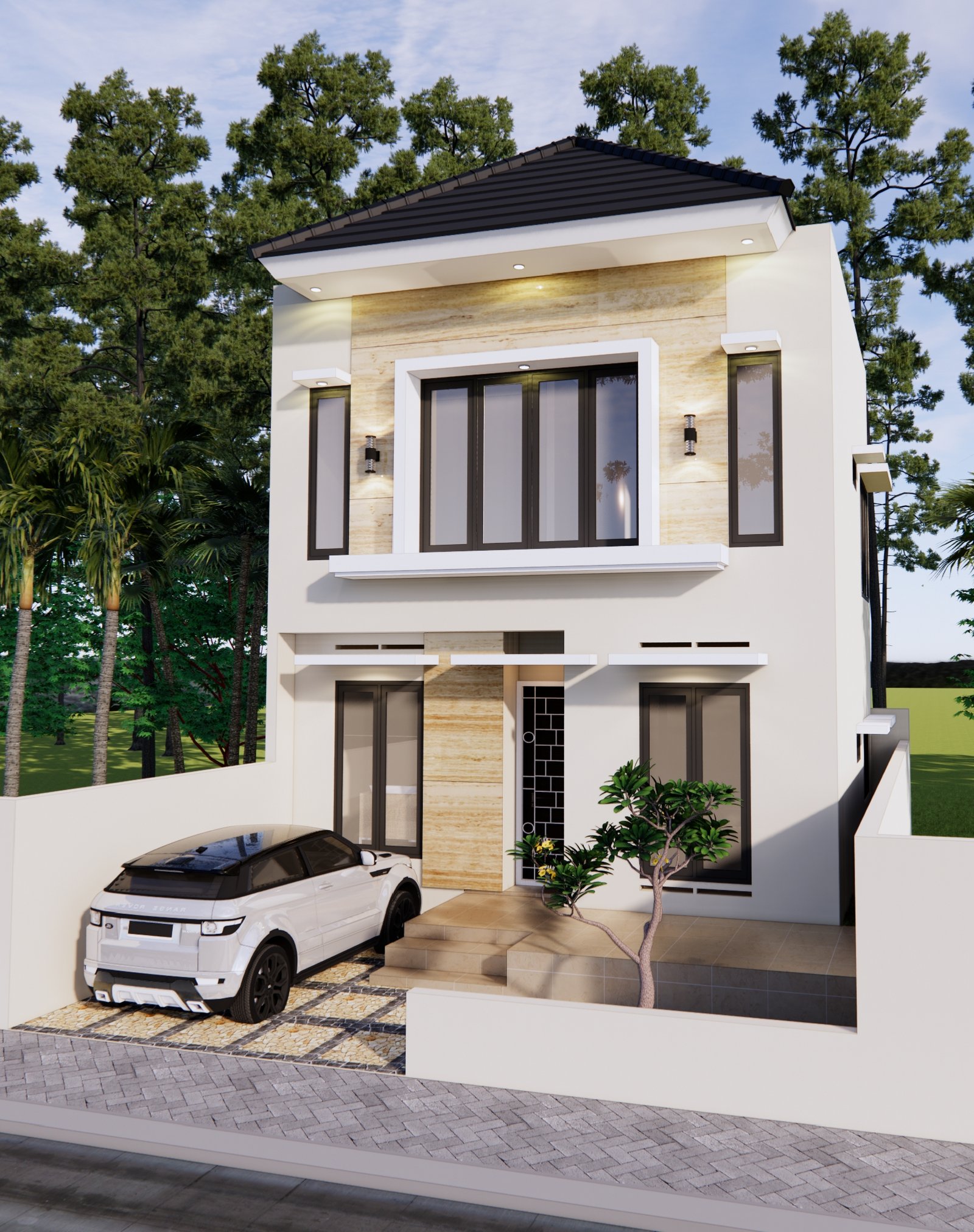 Desain Rumah Minimalis 2 Lantai dengan Balkon dan Atap Miring Elegan