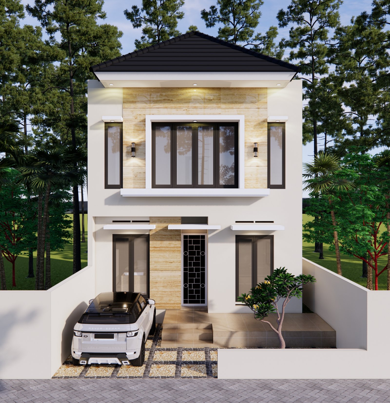 Desain rumah minimalis 2 lantai dengan fasad modern, kombinasi warna putih dan beige, atap limas, carport untuk 1 mobil, dan taman depan kecil