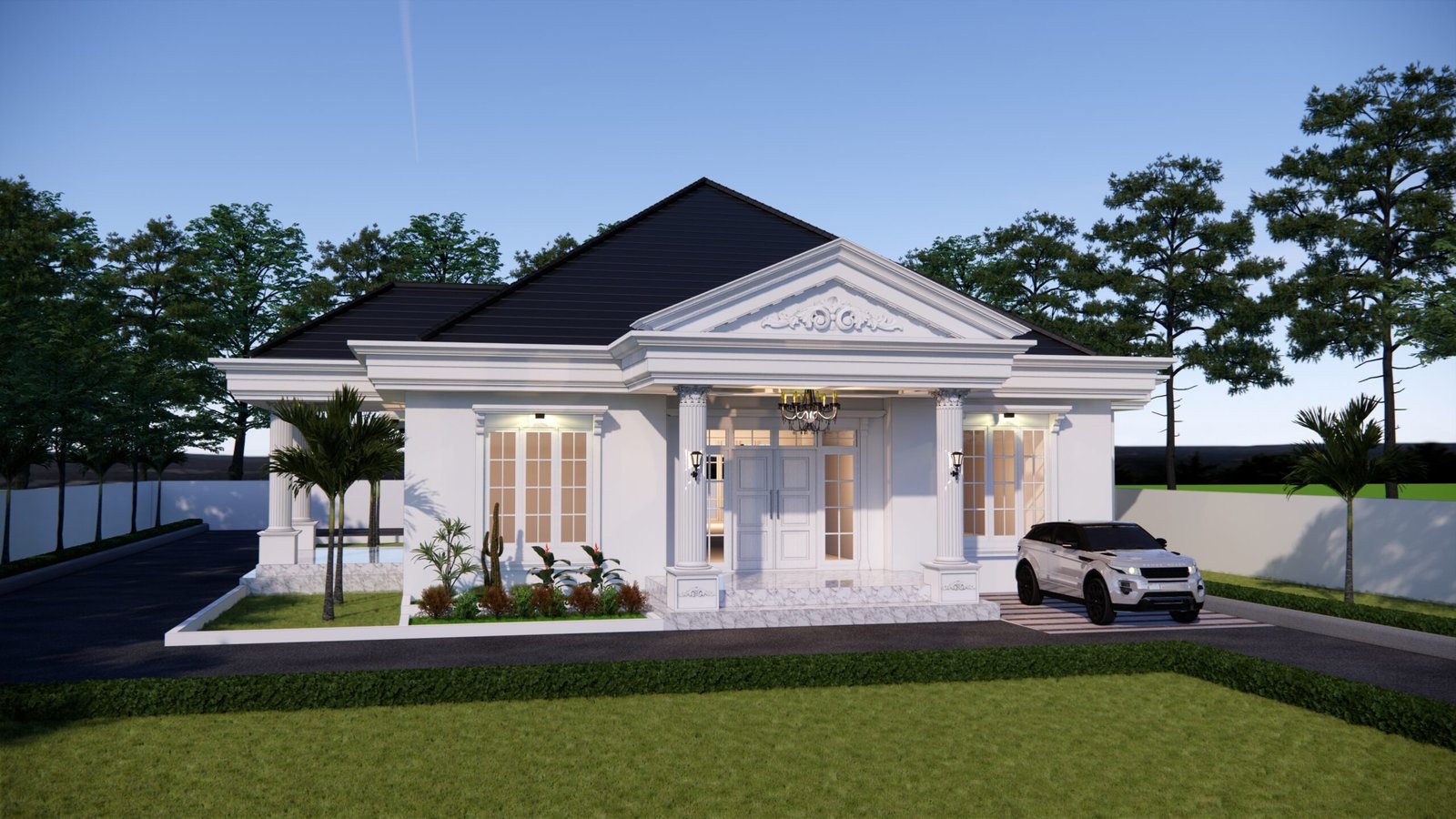 Desain rumah klasik 1 lantai dengan pilar megah bergaya Eropa, atap limas hitam elegan, taman depan luas, dan area carport