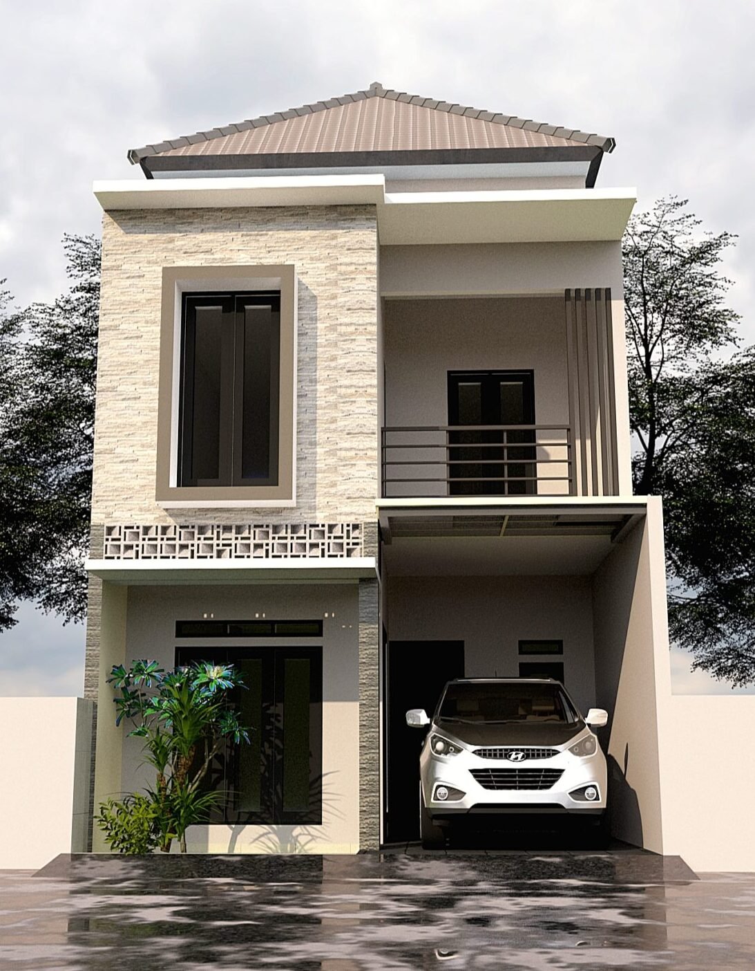 Desain Rumah 2 Lantai Minimalis dengan Sentuhan Batu Alam