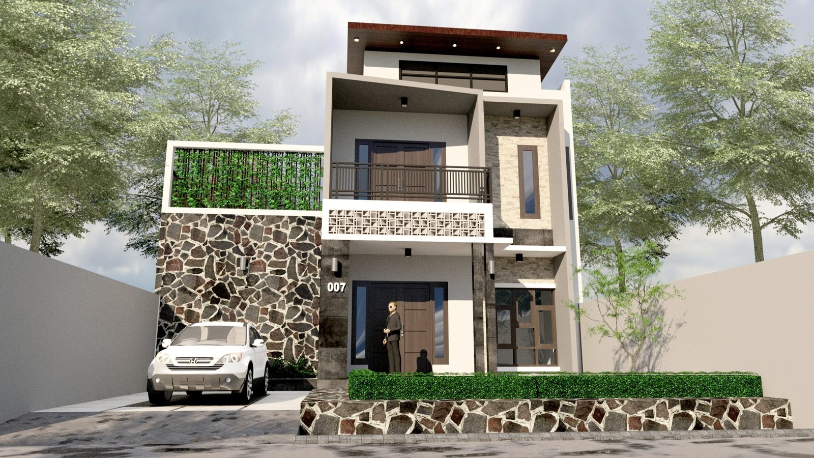 Desain Rumah Modern 2 Lantai dengan Sentuhan Batu Alam yang Elegan