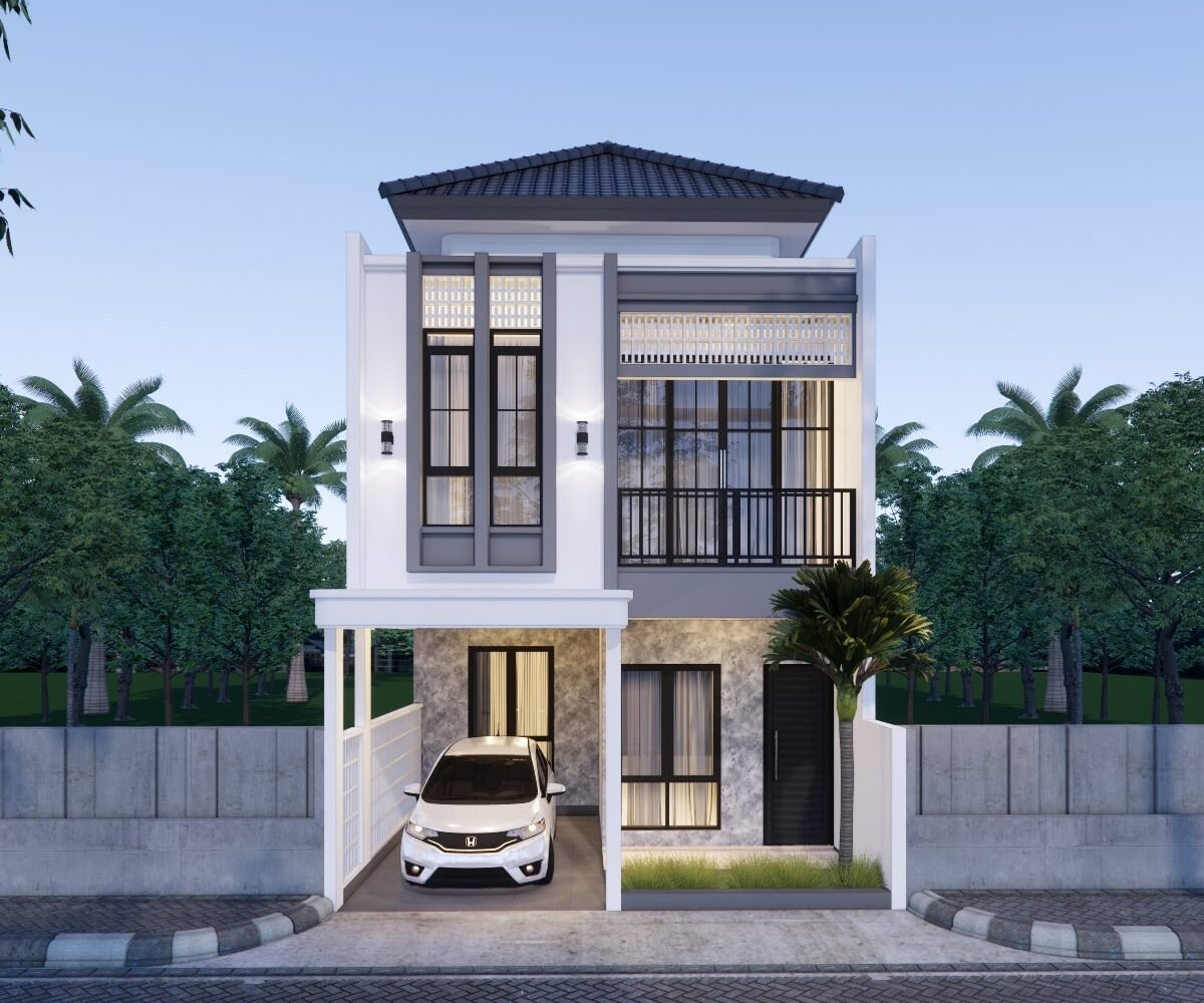 Desain Rumah Modern 2 Lantai dengan Carport Minimalis dan Tampilan Fasad Elegan