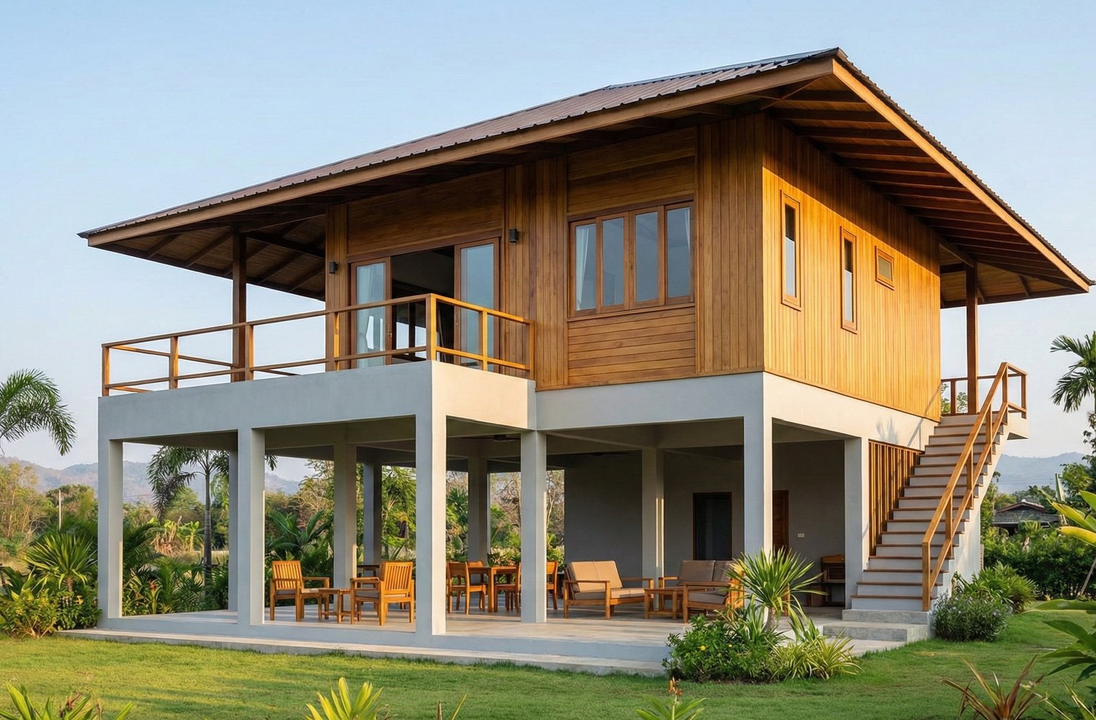 Desain rumah kayu modern semi beton