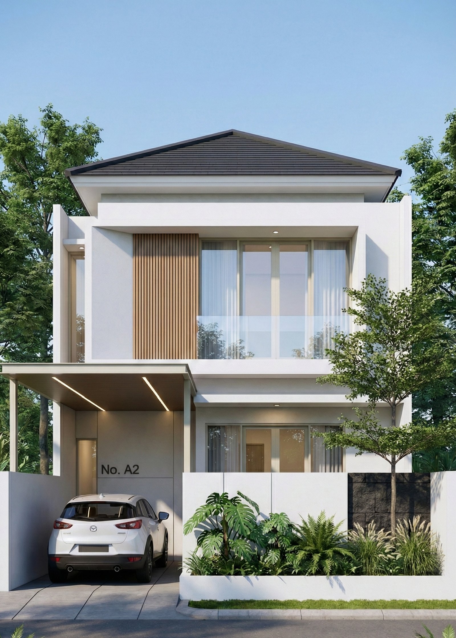 Fasad rumah minimalis modern dua lantai dengan dominasi warna putih, aksen kayu vertikal, balkon kaca, dan carport tertutup yang menyatu dengan taman depan