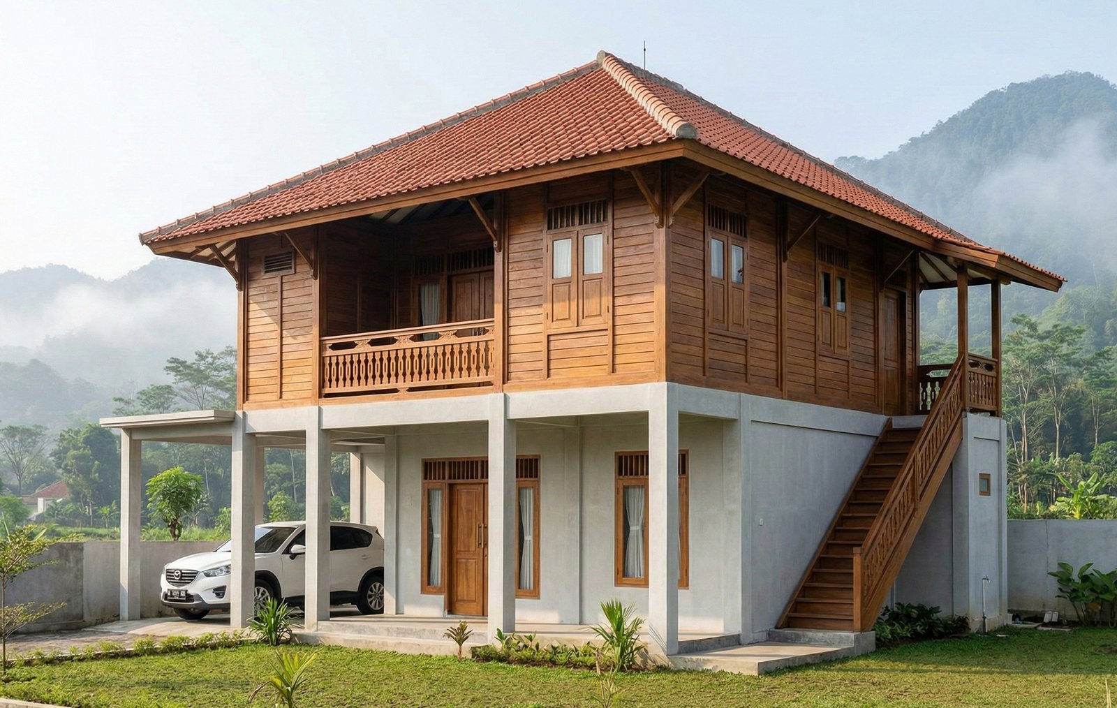 Desain rumah kayu modern semi beton 