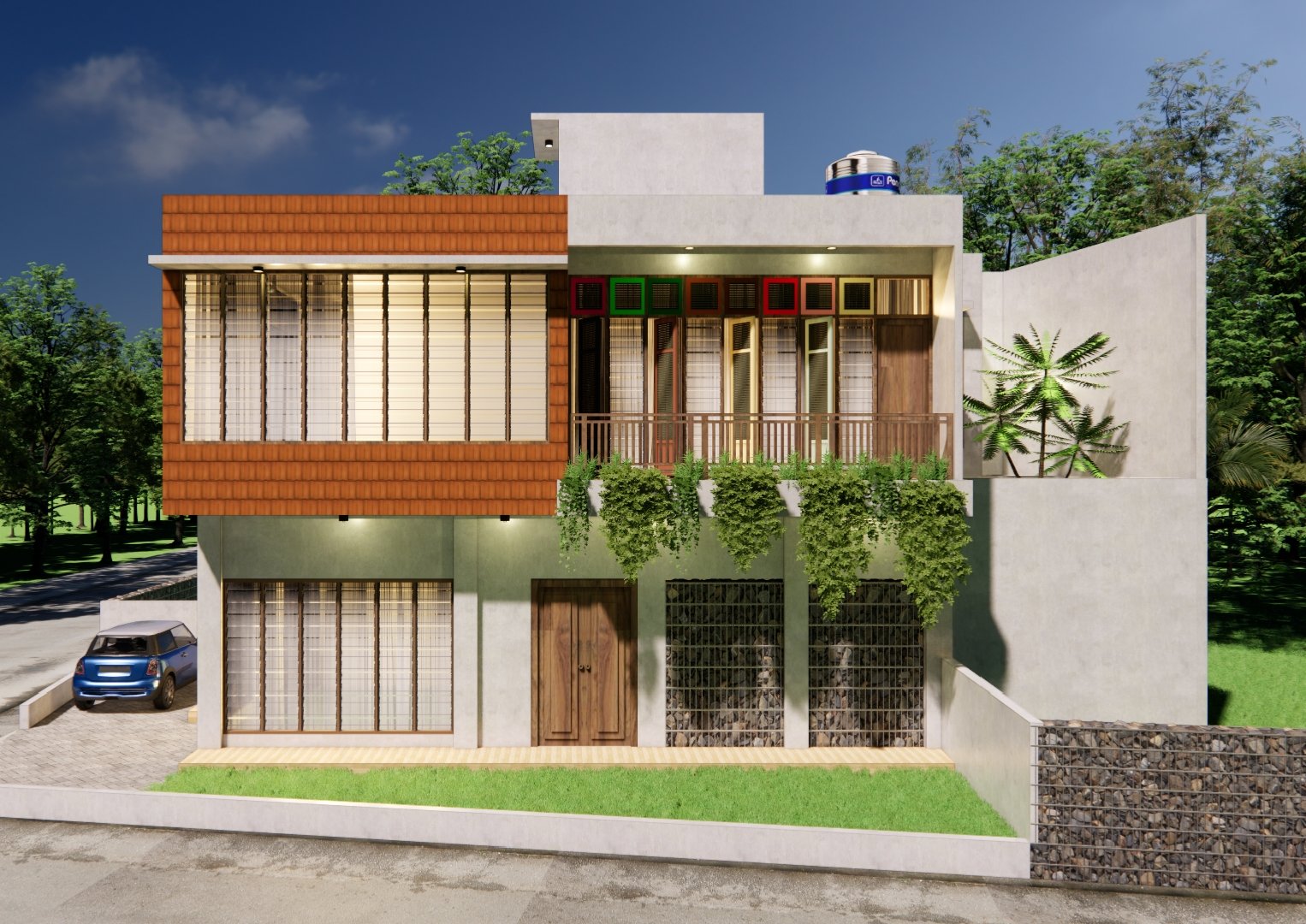 Desain Rumah 2 Lantai Tropis Modern dengan Aksen Terracotta dan Balkon Hijau