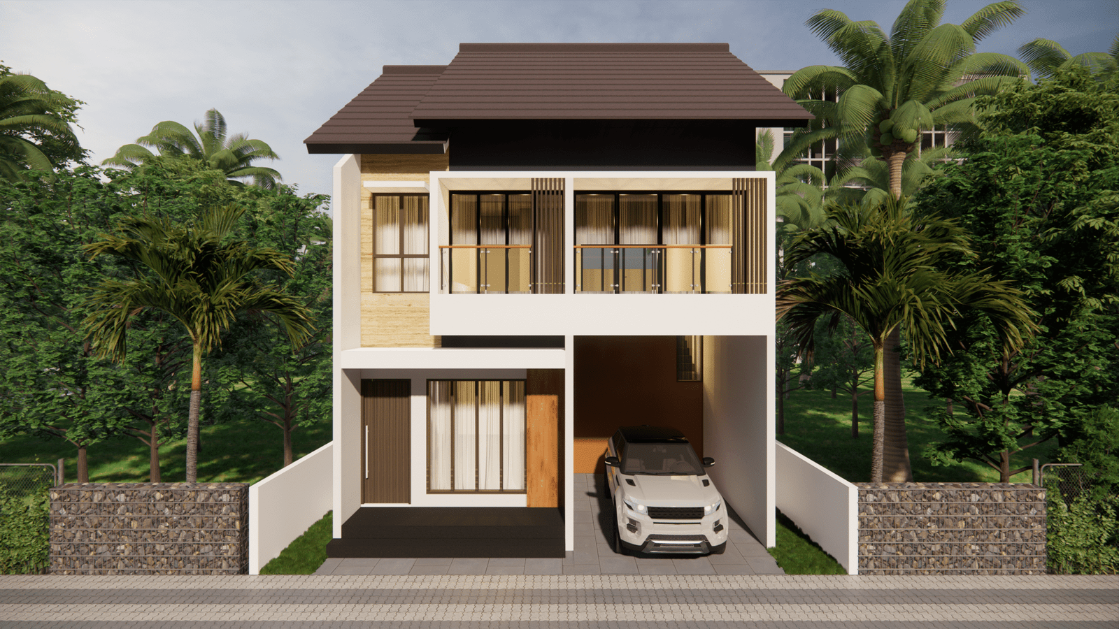 Desain Rumah Modern 2 Lantai dengan Atap Limas dan Carport Samping