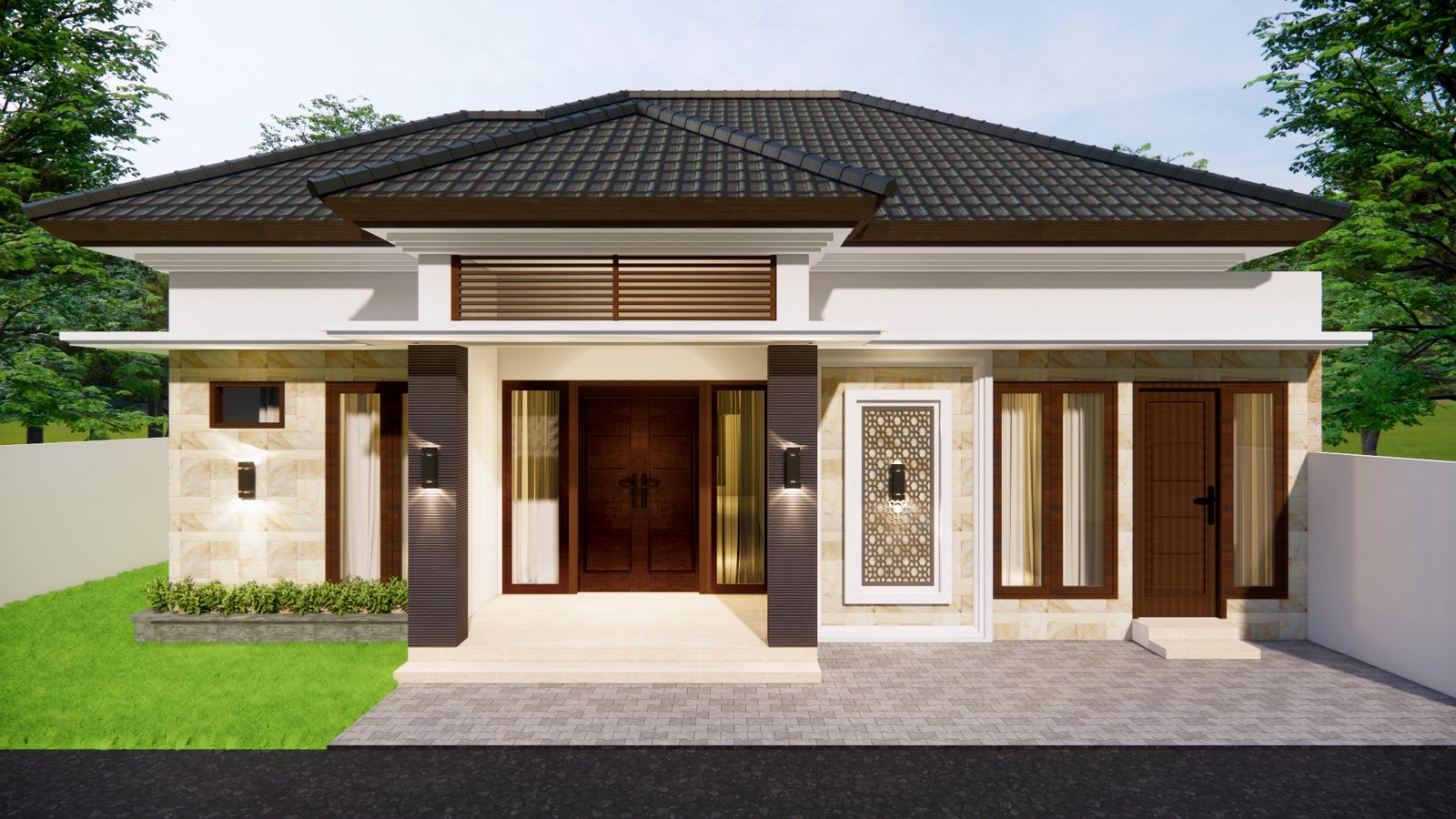 Desain Rumah 1 Lantai Atap Limas dengan Fasad Simetris dan Batu Alam