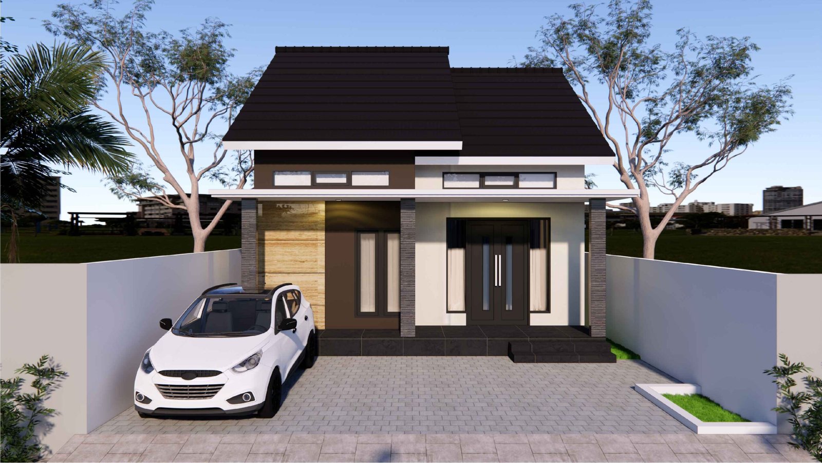 Desain Rumah 1 Lantai Modern dengan Atap Pelana Ganda dan Parkir Samping