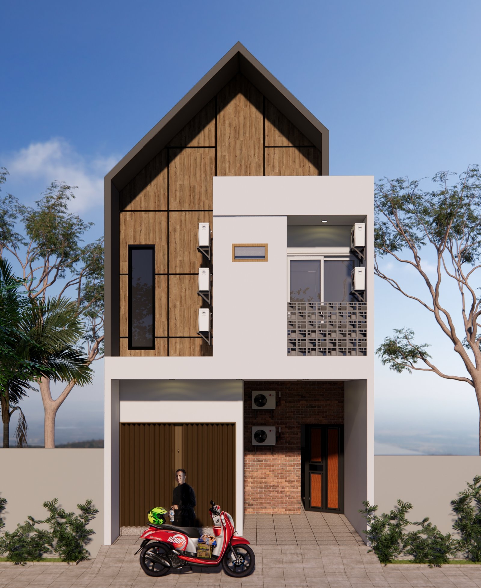 Desain Rumah 2 Lantai Lahan Sempit dengan Atap Pelana Kayu dan Balkon Roster